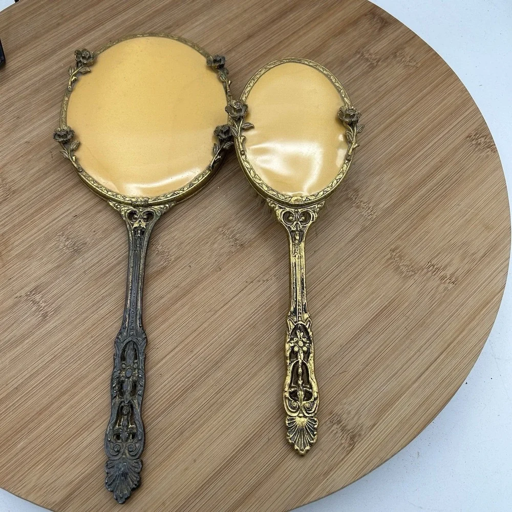 Vintage Hand held‎ Ornate Vanity Mirror &  Brush set
